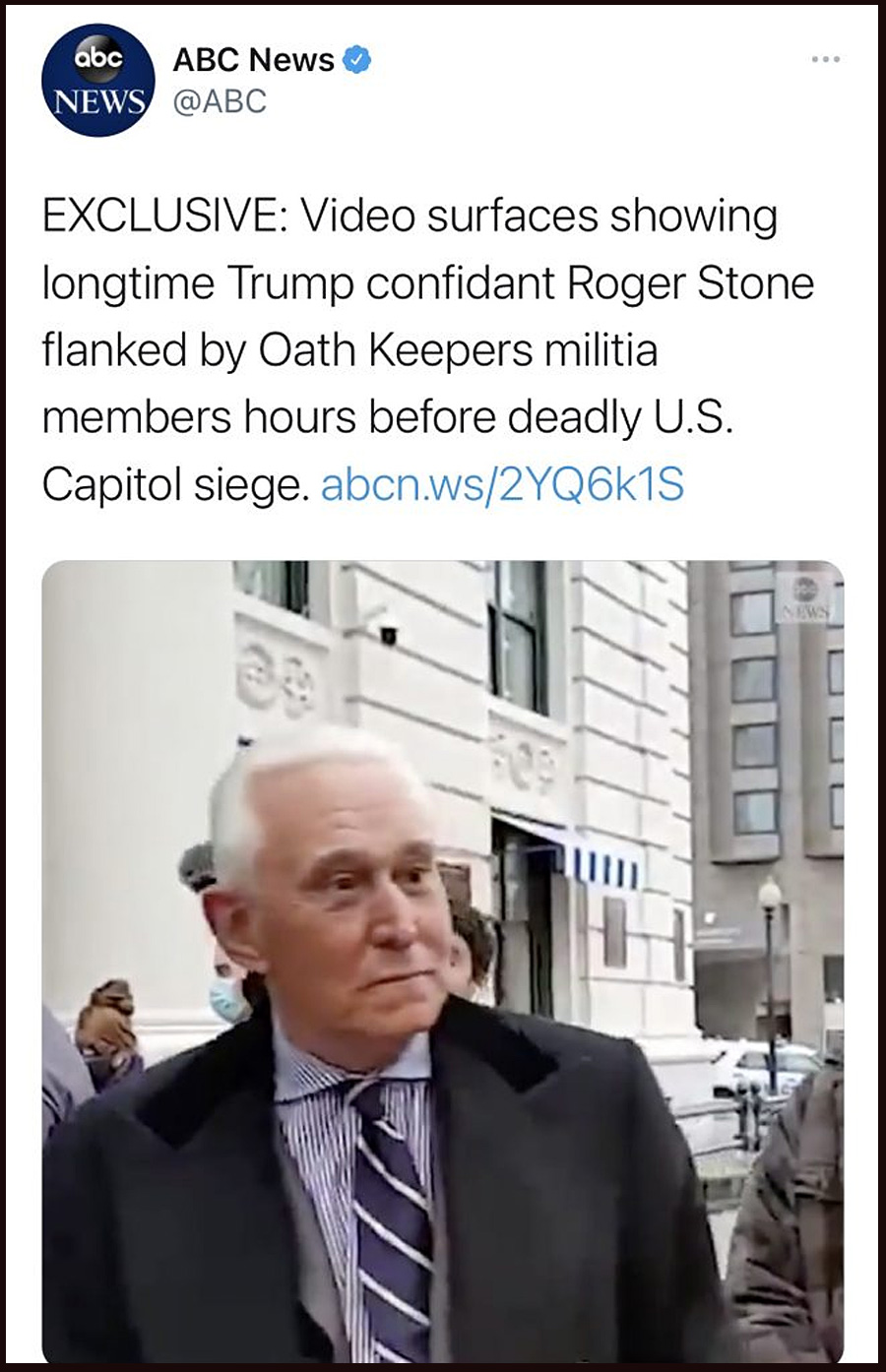Video surfaces showing Trump ally Roger Stone flanked by Oath Keepers on morning of Jan. 6