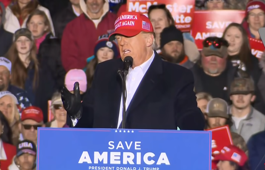 Former President Donald Trump in Florence Saturday night. Thousands travelled to the Florence Airport on a cold, rainy Saturday to spend hours waiting to hear from former President Donald Trump and other S.C. Republicans at the ’Save America’ rally. March 12, 2022.