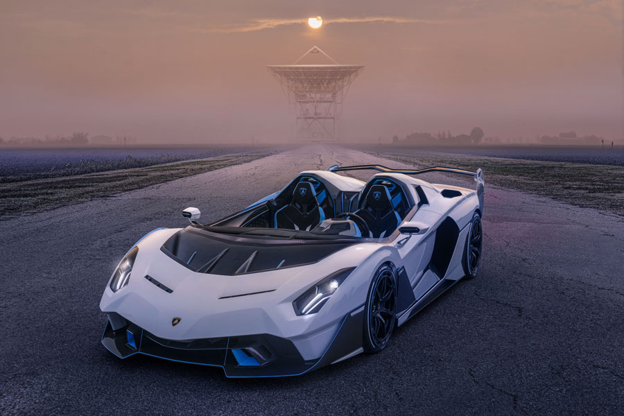 Unique open-top model with V12 engine by Lamborghini Squadra Corse. Carbon fiber body featuring racing aerodynamics. Innovative design by Lamborghini Centro Stile.