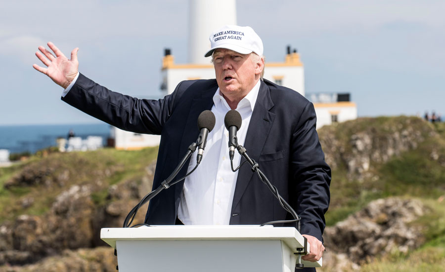 Then Republican presidential nominee and businessman Donald Trump at the reopening of Trump Turnberry in front of the Turnberry lighthouse. Editorial credit: Christian David Cooksey / Shutterstock.com, licensed.