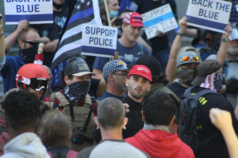 Protesters said to be conservative people from the far right movement, Proud Boys, and Boogaloo join for a Back the Blue rally in support of Law Enforcement. Portland, Oregon/United States-August 22, 2020.
