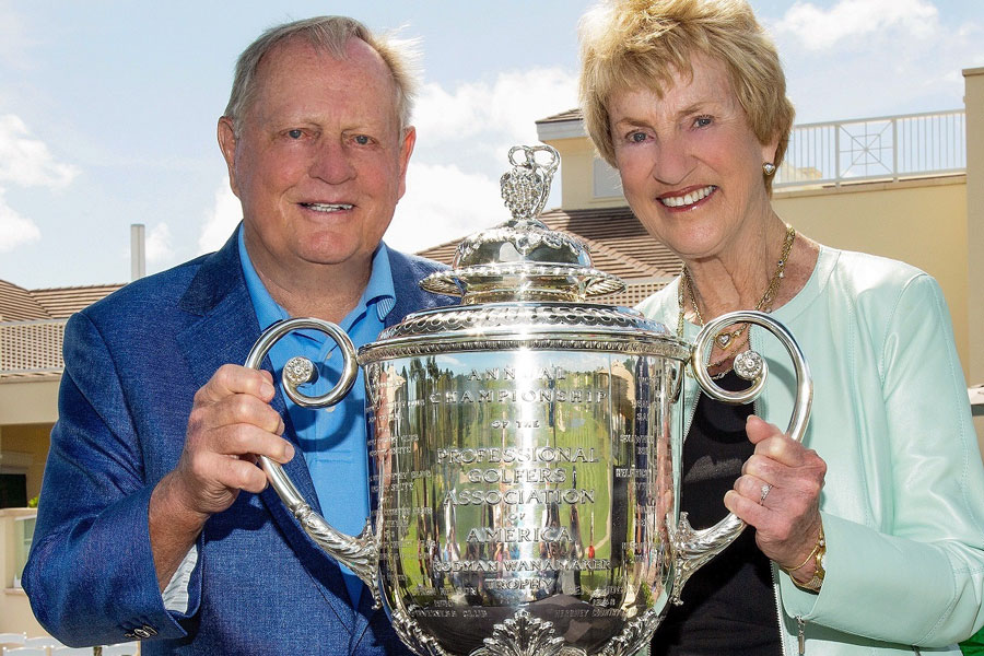 Jack and Barbara Nicklaus with the PGA Championship Wanamaker Trophy at BallenIsles Country Club on February 28, 2021.