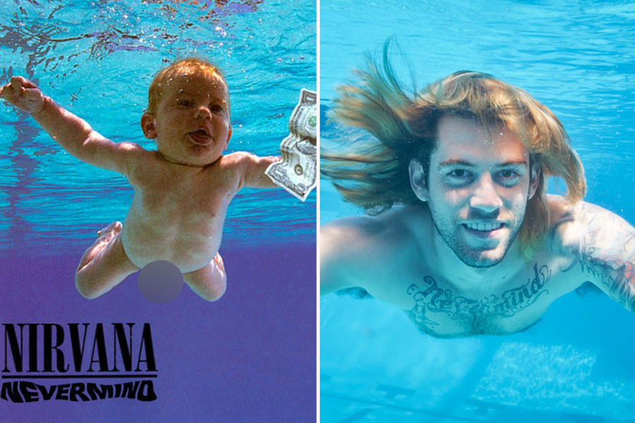 cover depicts Elden, now 30, when he was four months old underwater in a swimming pool – his genitals fully visible – with a dollar bill on a fishing hook dangling in front of him.