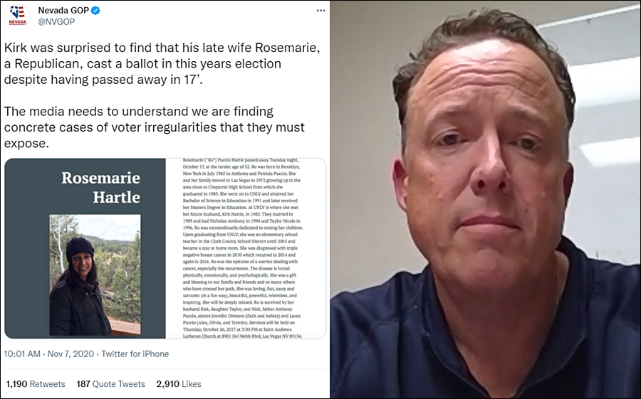 Registered Republican Donald Kirk Hartle of Las Vegas, 55, has been charged with two counts of voter fraud for using the name of his late wife, Rosemarie Hartle, to vote more than once in the same election, Nevada Attorney General Aaron Ford announced on Thursday.