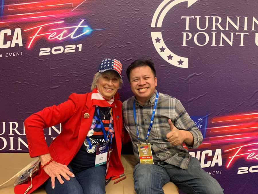 Bonnie Ebstyne, President and Founder of Women of Arizona and journalist Marc Ang at Turning Point USA’s America Fest 2021. Photo credit: Marc Ang.