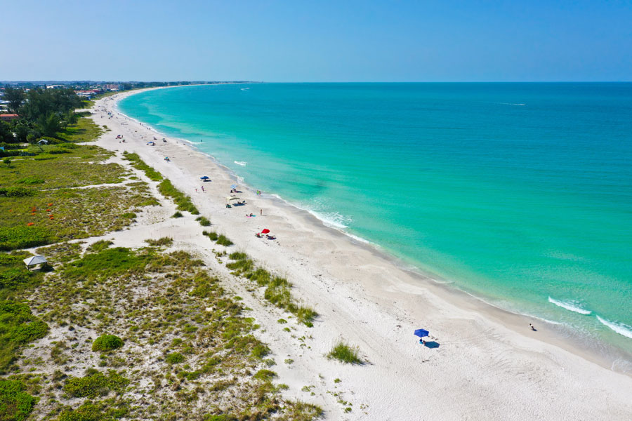 An Aerial View of the Beautiful White Sand Beach on Anna Maria Island, Florida at Holmes Beach. 