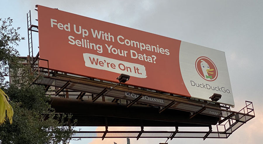 A DuckDuckGo sign off Interstate 95, in West Palm Beach, Florida on December 31, 2020. The only billboard for an Internet business I've ever noticed that did not contain the web address.