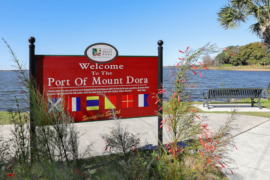 Welcome to the Port of Mount Dora sign, located in Grantham Point Park as seen on March 20, 2021.