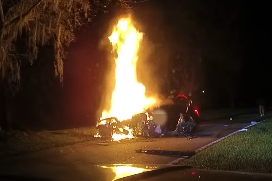 In dash cam video Parrish and Vasquez are shown extinguishing the flames to gain access to the man. Utilizing a pocketknife, the man was freed and pulled to safety with the help of a Good Samaritan.
