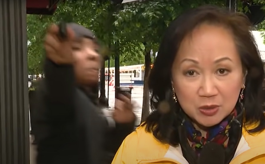 Reporter Joanie Lum was in the middle of a live segment as a black male darted past her in the background, purportedly pointing a pistol at the camera; Lum was initially unaware of the actions of the passer-by, who proceeded around the corner, seemingly dancing along while waving the gun around on-camera.