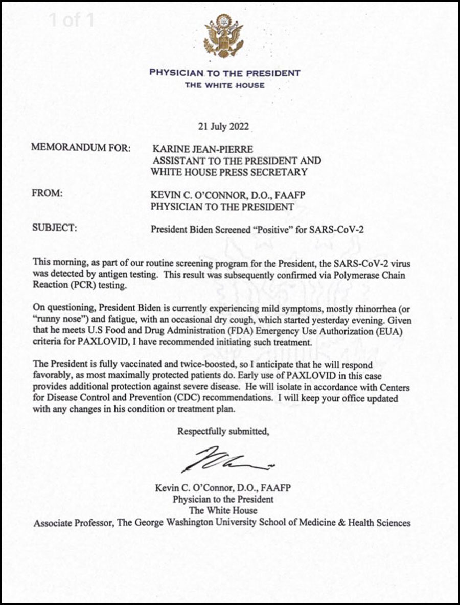 The WH provides this letter from the Physician to the President on Biden testing positive for COVID-19.
