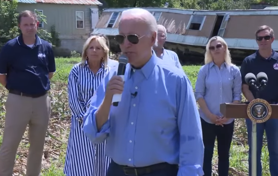 The President, speaking in front of a condemned mobile home damaged by the flood, began speaking oddly insinuating that he was unfamiliar with what the Inflation Reduction Act bill actually contained. Image credit: White House Video.