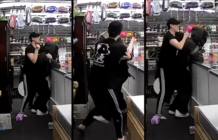 During the struggle, the suspect begins screaming He’s stabbing me! I’m dead! I’m dead! before finally slumping down and going silent; Nguyen proceeds to drag the limp suspect around the counter and then dumps his body on the floor before retreating to the back of the store to call 911.