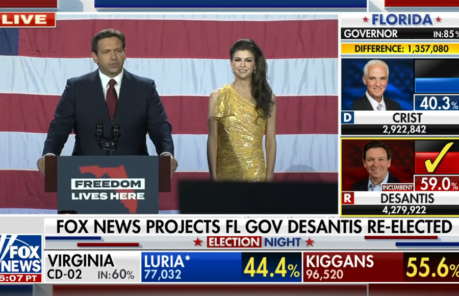Florida Gov. Ron DeSantis speaks to Floridians following his major re-election victory over Charlie Crist in the 2022 midterms. Image credit: Fox News / YouTube.com
