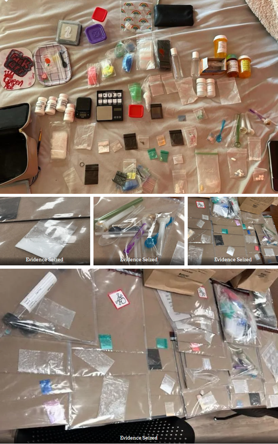 Detectives discovered Fentanyl, Methamphetamine, Heroin, Oxycontin, Alprazolam, Buprenorphine, Morphine, MDMA, Liquid Methadone, Marijuana and Pipes.