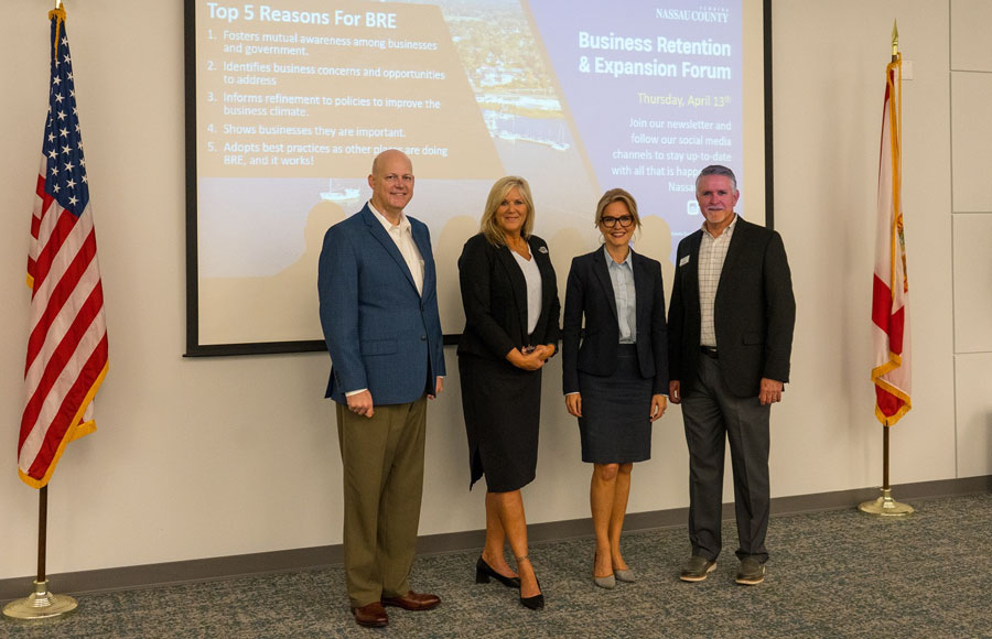 Cross Regions Group Chief Operating Officer Doug Smith recently attended the Nassau County Economic Development Board Business Retention & Expansion Event to discuss the company’s two new projects in Nassau County. From left, Scott Norteman, Chappell Schools; Sherri Mitchell, Nassau County Economic Development Board; Melanie Williams, Chappell Schools; and Doug Smith, Cross Regions Group.