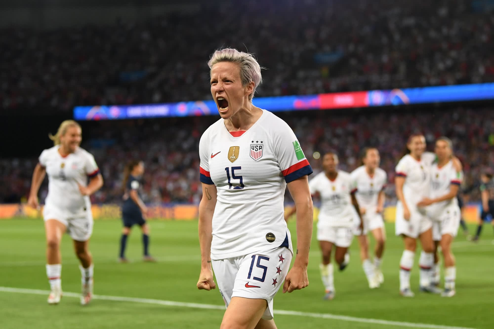 Megan Rapinoe #15 of the United States celebrates scoring during the 2019 FIFA Women’s World Cup France quarter-final match between France and the United States at Parc des Princes on June 28, 2019 in Paris, France.Brad Smith/ISI Photos/Getty Images
