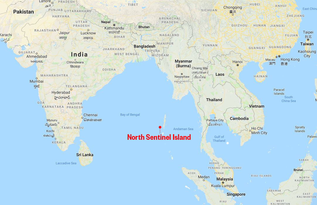 The location of North Sentinel Island in the Indian Ocean.